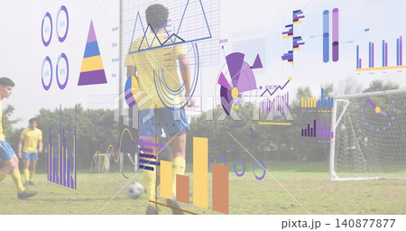 Controlling center player walking on grassy field with soccer ball, yellow kit and data overlays Controlling center player walking on grassy field with soccer ball, yellow kit and data overlays 140877877