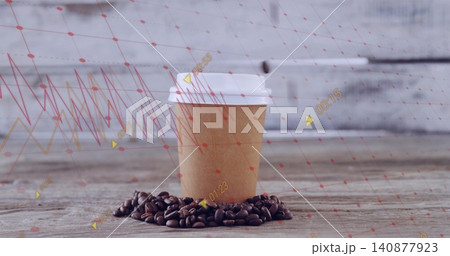 Displaying paper cup white lid, roasted beans on worn table, red grid, yellow markers, timestamps 140877923