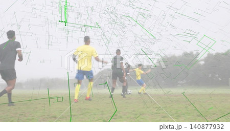 Converging soccer players on foggy park in yellow and black under green overlay chasing soccer ball Converging soccer players on foggy park in yellow and black under green overlay chasing soccer ball 140877932