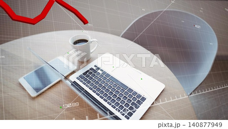 Displaying silver laptop centered on round table at cafe showing tablet smartphone coffee red graph Displaying silver laptop centered on round table at cafe showing tablet smartphone coffee red graph 140877949