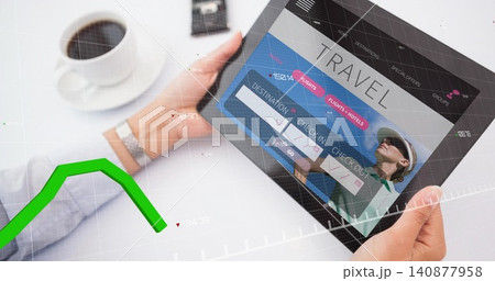 Tapping woman holding tablet showing travel booking on white table, white cuff, cup, silver watch Tapping woman holding tablet showing travel booking on white table, white cuff, cup, silver watch 140877958