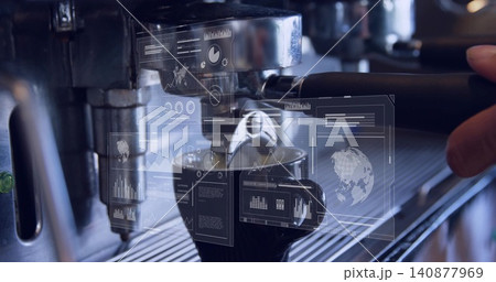 Positioning right hand placing portafilter under espresso group head at cafe, with holographic UI Positioning right hand placing portafilter under espresso group head at cafe, with holographic UI 140877969