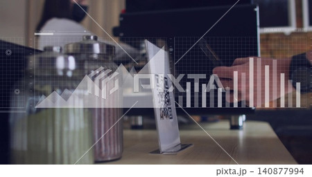 Centering QR sign on cafe table, laptop user using phone, graphs showing, patron wearing white top Centering QR sign on cafe table, laptop user using phone, graphs showing, patron wearing white top 140877994