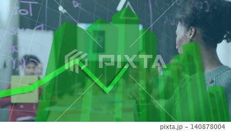 Gesturing woman wearing light sweater leading meeting at office table, green 3D chart, copy space Gesturing woman wearing light sweater leading meeting at office table, green 3D chart, copy space 140878004