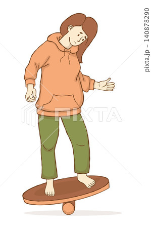 Young Girl on Wobble Balance Board. Autism Sensory Integration Therapy. Woman Balancing on Wooden Roller Trainer. Vector Illustration. Colored Hand Drawn. ADHD Stimulation Tool for Coordination. 140878290