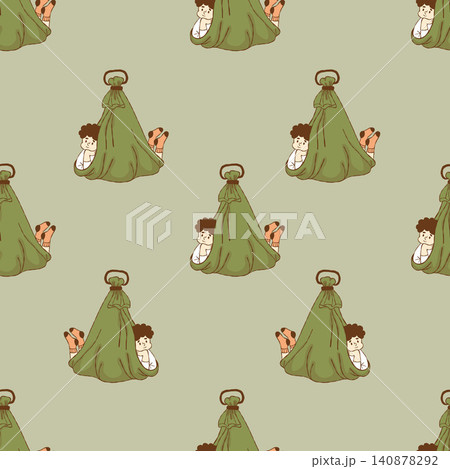 Sensory Therapy Swing with Lying Boy Seamless Pattern. Occupational Vestibular Training Pod Hammock on Green Background. Cocoon Chair Drop for Autism and Rest. Vector Illustration. Color Hand Drawn. Sensory Therapy Swing with Lying Boy Seamless Pattern. Occupational Vestibular Training Pod Hammock on Green Background. Cocoon Chair Drop for Autism and Rest. Vector Illustration. Color Hand Drawn. 140878292