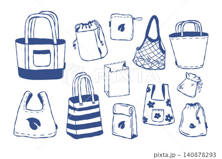 Eco Bag and Reusable Packaging. Sustainable Shopping Tote, Grocery Sack, Fruit Mesh, Striped Beach Bag and Paper Packet Collection. Zero Waste Storage. Vector Illustration. Isolated Blue Hand Drawn. 140878293