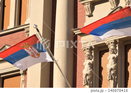 Serbian flags on historic building facade 140878418