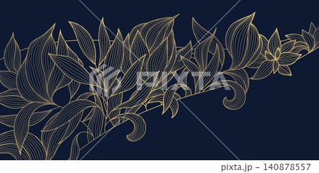 Luxury abstract floral pattern with elegant golden line flowers, leaves, botanical elements, art deco style nature, waves and swirls, Japanese. Wallpaper, wedding, spa branding, tea packaging. Luxury abstract floral pattern with elegant golden line flowers, leaves, botanical elements, art deco style nature, waves and swirls, Japanese. Wallpaper, wedding, spa branding, tea packaging. 140878557