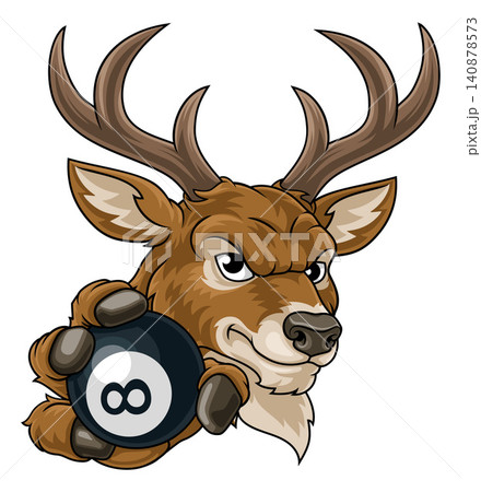 Stag Deer 8 Ball Pool Billiards Mascot Cartoon Stag Deer 8 Ball Pool Billiards Mascot Cartoon 140878573