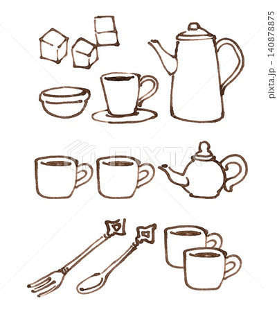 手描きのシンプルなカラーアイコンセット:コーヒー、カフェ02 手描きのシンプルなカラーアイコンセット:コーヒー、カフェ02 140878875