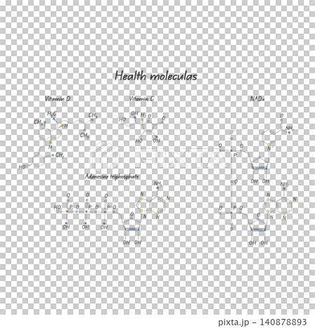 Structure of molecules sketch style vitamin c, vitamin d, atp, nad+ molecule 140878893
