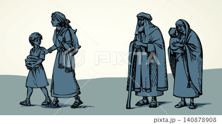 Vector drawing. Hagar go away from Abraham and Sarah Vector drawing. Hagar go away from Abraham and Sarah 140878908