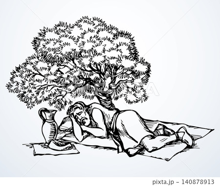 Vector drawing. Man resting at the bush 140878913