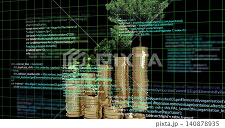 Displaying stacked gold coin columns growing green saplings on glossy floor, with green grid code Displaying stacked gold coin columns growing green saplings on glossy floor, with green grid code 140878935