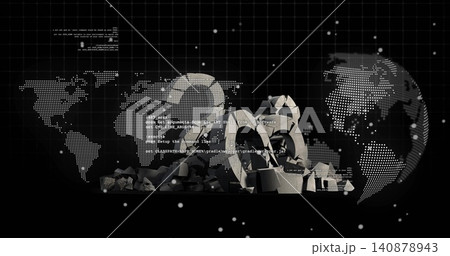 Displaying central broken-ring sculpture, rubble in digital matrix with dotted globe and code Displaying central broken-ring sculpture, rubble in digital matrix with dotted globe and code 140878943