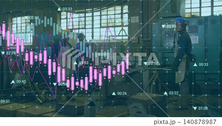 Checking man on right in blue helmet, apron using panel at factory, candlestick chart, copy space Checking man on right in blue helmet, apron using panel at factory, candlestick chart, copy space 140878987