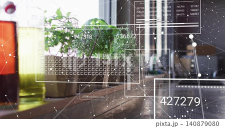 Showing potted green plant on wooden table near window with glass bottles, AR HUD, copy space Showing potted green plant on wooden table near window with glass bottles, AR HUD, copy space 140879080
