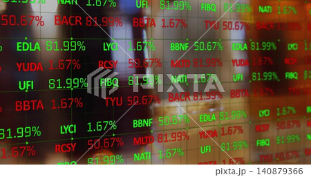 Displaying LED ticker panel showing red and green percent on glossy glass grid in trading room Displaying LED ticker panel showing red and green percent on glossy glass grid in trading room 140879366