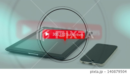 Displaying centered red callout reading 303,912 Subscribers on studio desk, tablet left phone right Displaying centered red callout reading 303,912 Subscribers on studio desk, tablet left phone right 140879504