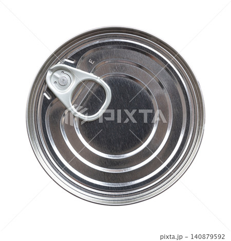 Round can, with ring-pull lid, isolated from above. Unopened easy-open can, a cylindrical metal container, for convenient, tool-free opening, with small metal loop, securely riveted to the lid. Photo Round can, with ring-pull lid, isolated from above. Unopened easy-open can, a cylindrical metal container, for convenient, tool-free opening, with small metal loop, securely riveted to the lid. Photo 140879592