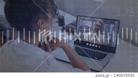 Watching woman leaning at table, viewing white-coated doctor on laptop with waveforms, copy space 140879595