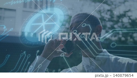 Holding smartphone, adult man in white collared shirt talking at urban building, with AR overlay Holding smartphone, adult man in white collared shirt talking at urban building, with AR overlay 140879654
