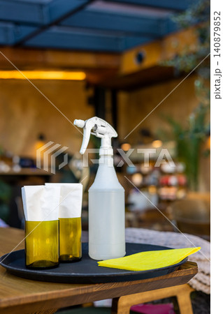 Sanitizer spray and napkins on tray with copy space Sanitizer spray and napkins on tray with copy space 140879852