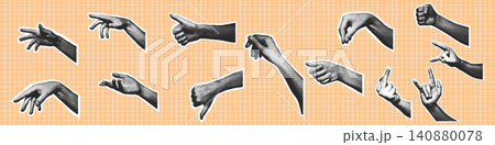 Hand Gesture Collection Halftone Set Orange Background Hand Gesture Collection Halftone Set Orange Background 140880078