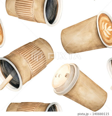 A seamless watercolor pattern featuring various coffee drinks. Cappuccino, Americano, latte, and coffee to go are hand-drawn on a white background. Perfect for a cafe or coffee shop, as well as for pr A seamless watercolor pattern featuring various coffee drinks. Cappuccino, Americano, latte, and coffee to go are hand-drawn on a white background. Perfect for a cafe or coffee shop, as well as for pr 140880115
