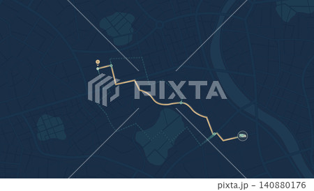 Dark navigation map showing delivery route to truck icon Dark navigation map showing delivery route to truck icon 140880176