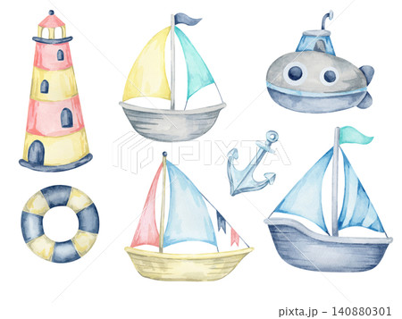 Blue sailboats, pink lighthouses, gray submarine, anchor and lifebuoy, watercolor clipart for nursery decor, educational graphics, stickers, labels and merchandise Blue sailboats, pink lighthouses, gray submarine, anchor and lifebuoy, watercolor clipart for nursery decor, educational graphics, stickers, labels and merchandise 140880301