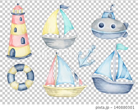 Blue sailboats, pink lighthouses, gray submarine, anchor and lifebuoy, watercolor clipart for nursery decor, educational graphics, stickers, labels and merchandise Blue sailboats, pink lighthouses, gray submarine, anchor and lifebuoy, watercolor clipart for nursery decor, educational graphics, stickers, labels and merchandise 140880301