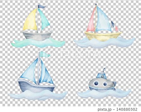 Blue and yellow sailboats, pink sailboat and gray submarine, watercolor clipart collection for nursery decor, educational resources, greeting cards, stickers and baby merchandise. Blue and yellow sailboats, pink sailboat and gray submarine, watercolor clipart collection for nursery decor, educational resources, greeting cards, stickers and baby merchandise. 140880302