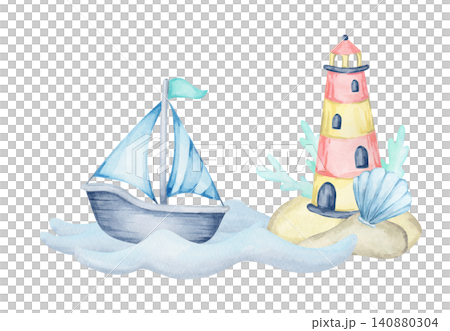 Blue sailboat, pink lighthouse and soft aqua waves, watercolor clipart for nursery wall art, baby shower stationery, greeting cards, childrens decor products, labels and coastal branding Blue sailboat, pink lighthouse and soft aqua waves, watercolor clipart for nursery wall art, baby shower stationery, greeting cards, childrens decor products, labels and coastal branding 140880304