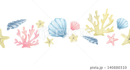Pink coral, yellow coral, blue seashells, starfish and spiral shells, watercolor clipart seamless border ideal for scrapbook paper, nursery posters, invitations, packaging and fabric collections. Pink coral, yellow coral, blue seashells, starfish and spiral shells, watercolor clipart seamless border ideal for scrapbook paper, nursery posters, invitations, packaging and fabric collections. 140880310