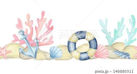 Blue anchor, striped lifebuoy, pink coral, aqua algae and seashells, watercolor clipart seamless border for baby shower stationery, packaging, nursery decor, stickers and coastal merchandise. Blue anchor, striped lifebuoy, pink coral, aqua algae and seashells, watercolor clipart seamless border for baby shower stationery, packaging, nursery decor, stickers and coastal merchandise. 140880311