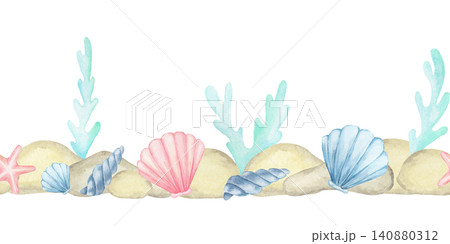 Pink and blue seashells, beige pebbles and aqua algae, watercolor clipart seamless border for nursery decor, baby bedding, invitations, wrapping paper, stationery, labels and children's merchandise. Pink and blue seashells, beige pebbles and aqua algae, watercolor clipart seamless border for nursery decor, baby bedding, invitations, wrapping paper, stationery, labels and children's merchandise. 140880312