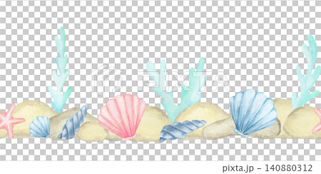 Pink and blue seashells, beige pebbles and aqua algae, watercolor clipart seamless border for nursery decor, baby bedding, invitations, wrapping paper, stationery, labels and children's merchandise. Pink and blue seashells, beige pebbles and aqua algae, watercolor clipart seamless border for nursery decor, baby bedding, invitations, wrapping paper, stationery, labels and children's merchandise. 140880312