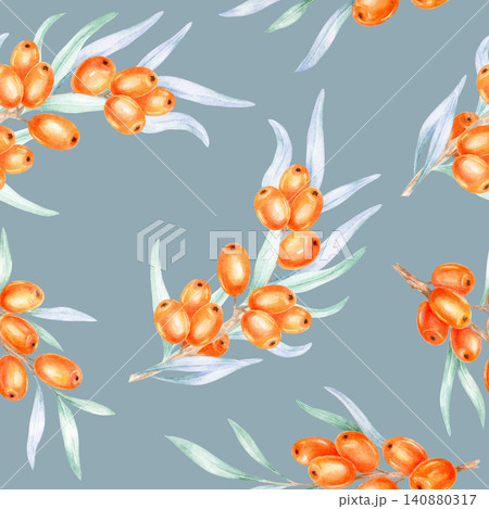 Orange seaberries with soft blue-green leaves on a dusty blue background, watercolor illustration created for fabric prints, home decor products, packaging, and stationery collections Orange seaberries with soft blue-green leaves on a dusty blue background, watercolor illustration created for fabric prints, home decor products, packaging, and stationery collections 140880317