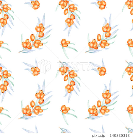 Orange sea buckthorn berries and pale blue-green leaves in a seamless repeat, watercolor illustration suitable for fabric printing, wrapping paper, wallpaper, packaging, and textile products Orange sea buckthorn berries and pale blue-green leaves in a seamless repeat, watercolor illustration suitable for fabric printing, wrapping paper, wallpaper, packaging, and textile products 140880318