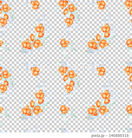 Orange sea buckthorn berries and pale blue-green leaves in a seamless repeat, watercolor illustration suitable for fabric printing, wrapping paper, wallpaper, packaging, and textile products 140880318