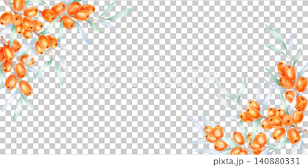 Orange sea buckthorn berries and soft blue-green leaves in opposite corners, watercolor clipart for packaging, product labels, website headers, greeting cards, stationery, and branding designs Orange sea buckthorn berries and soft blue-green leaves in opposite corners, watercolor clipart for packaging, product labels, website headers, greeting cards, stationery, and branding designs 140880331