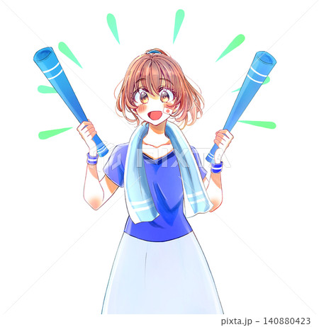 両手でメガホンを持った明るい表情の女性 青いユニフォーム 両手でメガホンを持った明るい表情の女性 青いユニフォーム 140880423