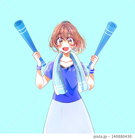 両手でメガホンを持った明るい表情の女性 青いユニフォーム 両手でメガホンを持った明るい表情の女性 青いユニフォーム 140880430