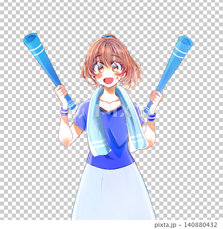 A cheerful-looking woman in a blue uniform, holding a megaphone in both hands. A cheerful-looking woman in a blue uniform, holding a megaphone in both hands. 140880432