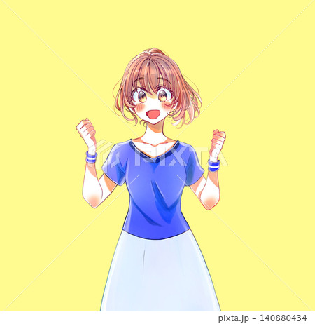 両手で握りこぶしを作る明るい表情の女性 青いユニフォーム 両手で握りこぶしを作る明るい表情の女性 青いユニフォーム 140880434