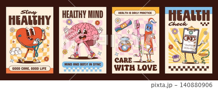 Medicine characters y2k groovy hippie health care posters with retro slogans. Stay healthy, healthy mind, health is daily practice, care with love and health check. Cartoon vector heart and brain Medicine characters y2k groovy hippie health care posters with retro slogans. Stay healthy, healthy mind, health is daily practice, care with love and health check. Cartoon vector heart and brain 140880906