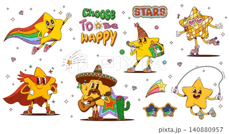 Cartoon groovy funky star characters. Vector cute super hero and mexican mariachi star mascots with sombrero and guitar. Retro groovy twinkles jumping rope, riding roller skates, flying with rainbow Cartoon groovy funky star characters. Vector cute super hero and mexican mariachi star mascots with sombrero and guitar. Retro groovy twinkles jumping rope, riding roller skates, flying with rainbow 140880957