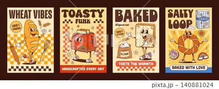 Y2K groovy funky bread and bakery posters. Retro cartoon loaf, toaster, toast and bagel with expressive faces. Vector bold psychedelic typography for kitchen, bakery, cafe and food packaging Y2K groovy funky bread and bakery posters. Retro cartoon loaf, toaster, toast and bagel with expressive faces. Vector bold psychedelic typography for kitchen, bakery, cafe and food packaging 140881024
